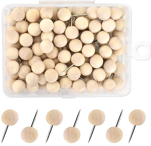 100 Stück Holz-Pinnnadeln mit Aufbewahrungsbox, Kork-Reißzwecke, Langlebig und Rostfrei, Korktafel-Reißzwecken-Zubehör, Geeignet für Korktafeln, Pinnwände, Karten, Fotos, Bastelarbeiten
