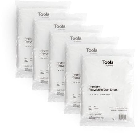 Recyclable Dust Sheets 3.65m x 3.65m (12ft x 12ft) Plastic Sheets Decorating & Painting to Cover Floor & Furniture, Dust Sheeting, Waterproof, Reusable Plastic Sheet for Paint - 5 Pack, Hemway