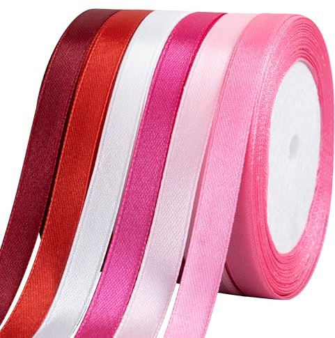 Foshird Satinband Rosa 10mm x 22m Geschenkband Rot Schleifenband Hochzeit Bänder zum Basteln Weiß Dekoband für DIY Geschenkverpackung Geburtstag Weihnachten