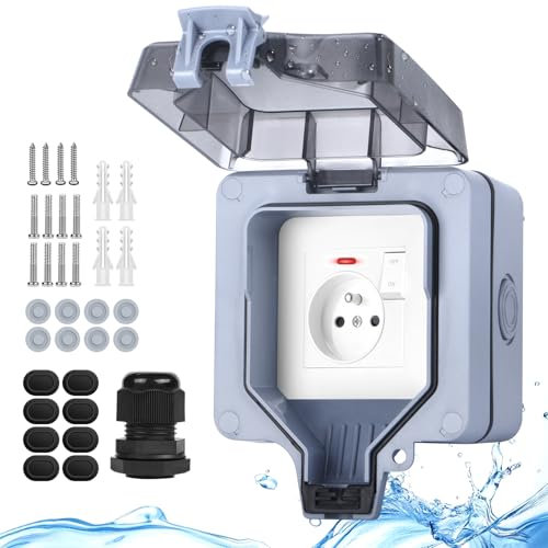 Upgrade Profond Prise extérieure étanche IP66, Prise etanche saillie avec interrupteur lampe, Prise de jardin courant électrique extérieure verrouillable, murale coffret boitier individuelle-gris
