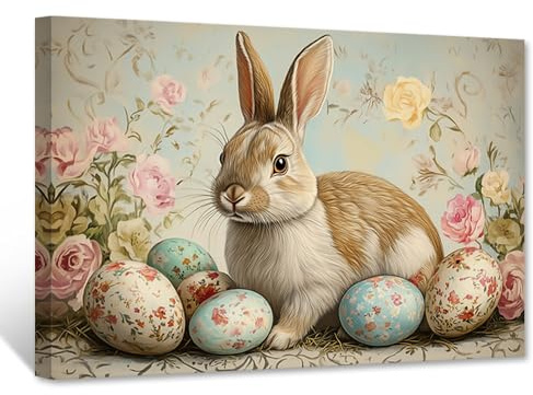 CXHOSTENT Leinwandbild mit Hasenmotiv Oster-Wanddekoration niedliche Tierbilder Kaninchen-Gemälde Druck Hasen-Kunstwerk Wohnzimmer Dekoration gerahmt (30.00 x 45.00 cms)