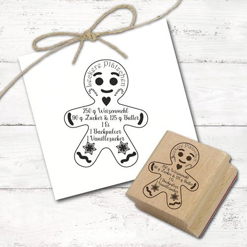 Dekolando Motivstempel Lebkuchenmann mit Rezept für Plätzchen - Stempel Holzstempel Weihnachten - Abdruck 46 mm x 59 mm