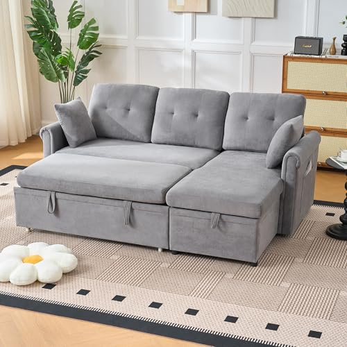Bladez Ecksofa mit Bettkasten und Schlaffunktion, Praktisches Schlafsofa mit Stauraum, beidseitig montierbar, L-Form Sofa aus Samt für Wohnzimmer oder Gästezimmer (Hellgrau-C, 3 Sitzer)