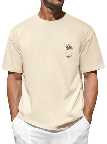 Lonya T Shirt Homme Oversize Été Décontracté Coton T-Shirts à Manches Courtes Col Rond Coupe Ample Imprimé Palmier Plage Tee Shirt Beige,XL