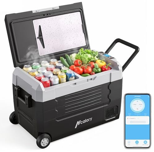 55L Tragbarer Kompressor Kühlbox mit Bluetooth-App, Elektrisch Autokühlbox Dual-Zone (-20°C bis +20°C) +Schneidebrett, 12V/24V/230V, Rollen & Trennwand – für Camping, Auto, LKW, Wohnmobil