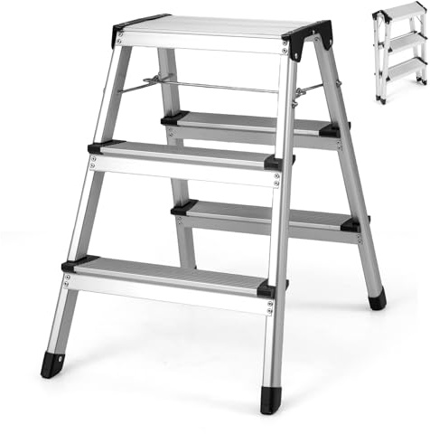 COSTWAY Dual-Sided 3 Step Ladder, Aluminum Folding Step Stool with Wide Anti-Slip Pedals & Anti Slip Feet, Portable Household Ladder for Home Kitchen Garage Office, 150 kg Weight Capacity