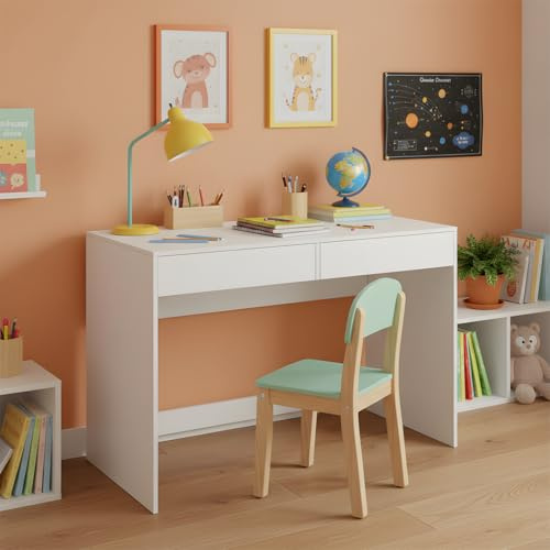 Bellabino Toce Kinderschreibtisch 110 cm breit, Weiß, mit 2 Schubladen | Schülerschreibtisch 75x53x110 cm, kleiner Schreibtisch für Kinderzimmer & Jugendzimmer, Arbeitstisch aus Holz, Computertisch