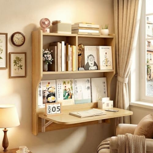 MBBTAG Wandklapptisch mit Stauraum, Klappbarer Schreibtisch aus Holz, mit Stauraum zur Wandmontage, als Computertisch für Küche, Schlafzimmer, Homeoffice und kleine Räume(Natural,82.5x89cm)