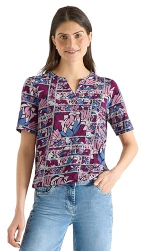 Damen Kurzarm Shirt mit Split Neck und Print