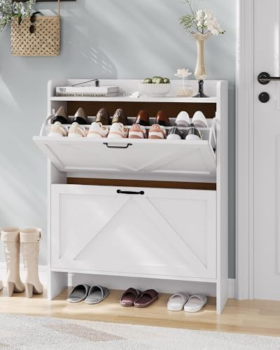 GarveeMore Breit 80 X24x100 Hoch cm Schuhschrank Mit 2 Klappen, Verstellbare Zweistufige Regalböden, Schmal Schuhkipper Schrank Shoe Cabinet für Flur, Weiß