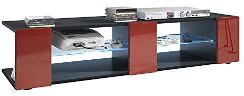 Vladon Buffet Bas Movie V2, Meuble TV avec 6 Compartiments Ouverts et placages décoratifs, Noir Mat/Bordeaux Haute Brillance, éclairage LED Bleu Inclus (134 x 29 x 39 cm)