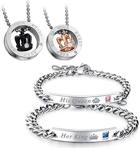 Flongo Paar-Schmuckset Partner Armbänder + Partner Halsketten Paar Geschenke Edelstahl-Halskette und -Armband mit Gravur Halskette mit Ring Geschenke für Jahrestage, Valentinstage, Geburtstage