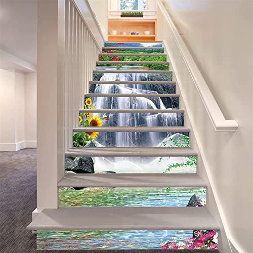 FLFK 13Pcs Waterfall Flowers Stair Risers Sticker Peel and Sick 39.37x7.08,Self-Adhesive Staircase Stickers Decals Mural Wallpaper for Home Decor