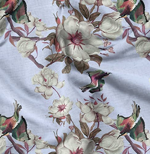 Soimoi Blau Seide Stoff Blumen & Bird Stoffdruck 1 Meter 44 Inch Breite