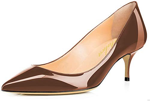 Damen Spitze Lackleder Eleganter Komfort Slip On Kitten Heel Kleid Pumps Schuhe Braun Größe 44