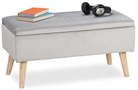 Relaxdays Sitzbank mit Stauraum, Samtbezug, 40 L, gepolstert, Holzbeine, Flur, 2er Truhenbank, 41 x 80 x 40 cm, hellgrau, Holz
