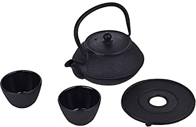 LAGUIOLE - LAGUIOLE Théière en Fonte, Emaillée Noir à l’Intérieur, Infuseur, Set de Teapot en Fer Traditionnel, Plateau en Fonte et 2 Tasses de Thé Japonais, Noir, 800ml