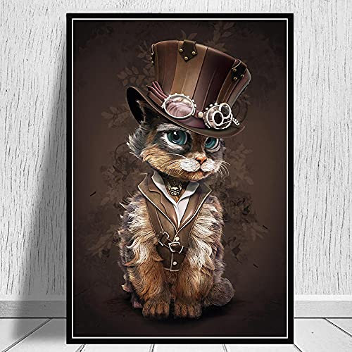 Retro Tiere Spaß Kunst Steampunk Katze Leinwand Malerei Kunst Poster und Drucke Wandkunst Bilder für Wohnzimmer Wohnkultur -50x70cm(kein Rahmen)