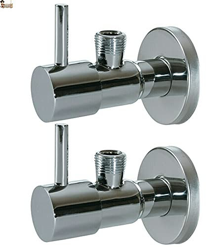 BricoLoco Llave de paso agua. Llave corte escuadra macho macho. Cierre cerámico. En latón cromado. Grifo lavabo, fregadero, cisterna, lavadora, para latiguillos. Diseño círculo. (2)