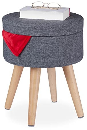 Relaxdays Sitzhocker mit Tischfunktion, gepolsterter Deckel, Stauraum, HxD: 45,5 x 37 cm, Stoff, Holzbeine, grau/Natur