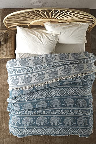 BOHORIA® Premium Tagesdecke 220x240 cm Bali | Bettüberwurf Wohndecke Wendedecke Kuscheldecke Sofadecke mit Muster | extra-groß 220 x 240 cm (Elephant Teal)
