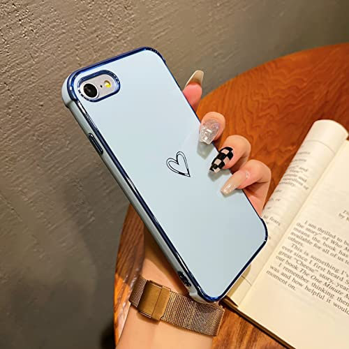ZTOFERA Silicone Case for iPhone SE 3 (2022) 5G iPhone 7 iPhone 8 iPhone SE 2020, Girls Women Cute Heart Case Golden Edging Shockproof Bumper Flexible Slim Cover for iPhone SE 2022, Sierra Blue