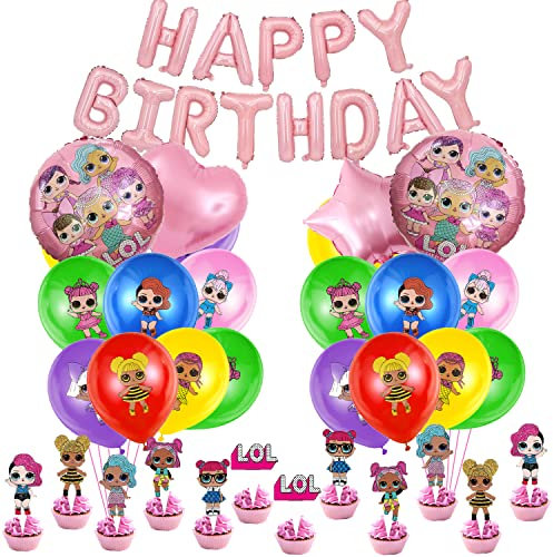 EQCSYDM 48 Pcs alt Mädchen Kinder Party Dekoration, Geburtstag Deko, Luftballons Deko, Cupcake Topper, Tortendeko, Geburtstag Banner, Cartoon-Motiv, Rosa