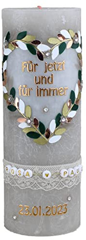 Cerziies® Hochzeitskerze Rosa und Paul mit Namen und Datum, individuell und handverziert 1674, Variante:Glasteelichteinsatz