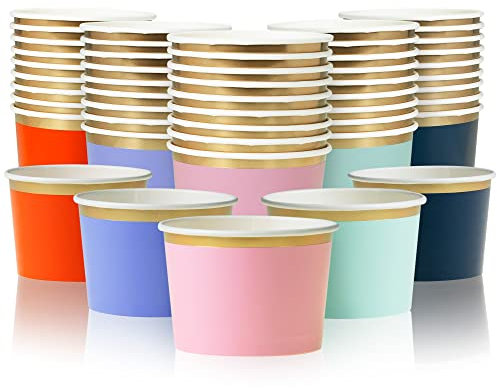 Coupes à Glace en Papier Confettiville, 50 pièces, Bols Jetables de 9 oz pour Desserts Chauds ou Froids, 5 Couleurs, Finition Dorée