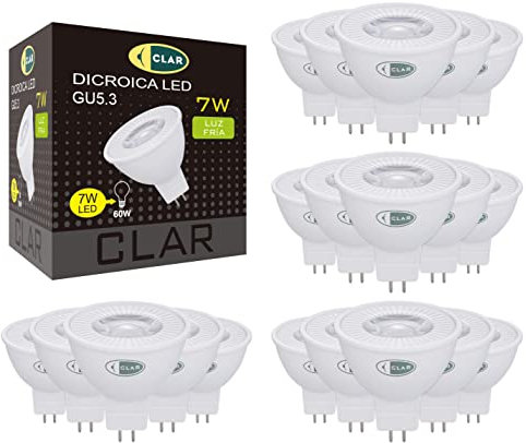 CLAR - GU 5.3 LED, GU5.3 LED, MR16 LED 12V, LED GU 5.3, LED Halogen Ersatz, 12V LED, LED Spot 12V, LED GU5.3 Warmweiss, LED 12V GU5.3, 12V LED Lampe, 7W 6000ºK (Pack 20)