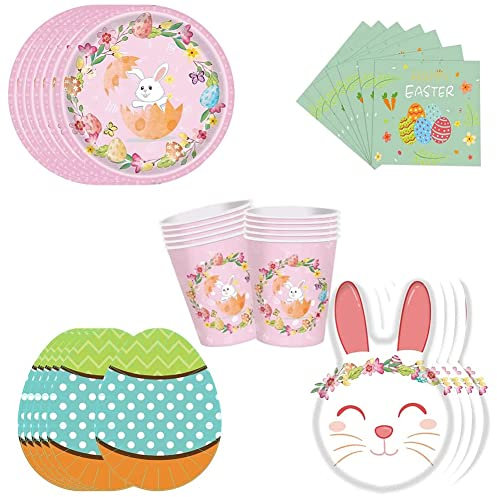 Oster Thema Dekoration Set 64 Stück,Ostertag Hase Partygeschirr Partyzubehör,Osterparty Geschirr Set,Ostereier Servietten Osterhasen Teller,für Kinder Geburtstag Party Tischdekoration,16 Gäste