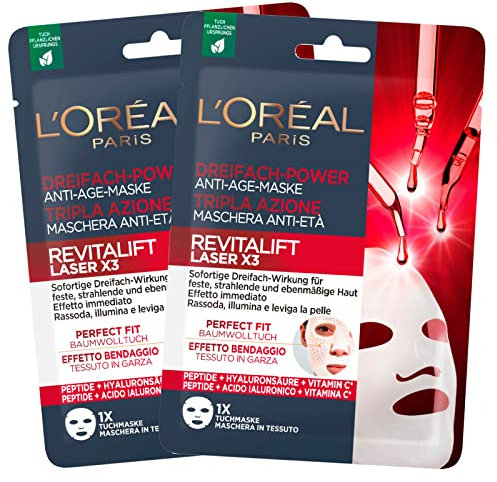 L'Oréal Paris Revitalift Laser X3 Masque facial anti-âge en tissu triple action raffermit illumine et lisse la peau effet bandage avec acide hyaluronique et peptide - 2 boîtes de 1 application