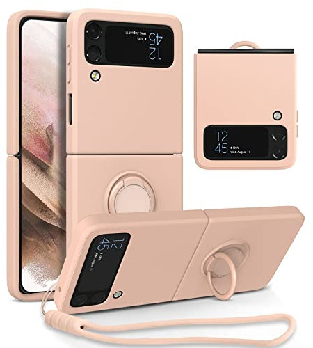 UEEBAI Custodia per Samsung Galaxy Z Flip 3 5G, ultra sottile, in silicone, con supporto ad anello girevole a 360 gradi, supporto magnetico per auto, custodia protettiva in TPU bumper cover – rosa