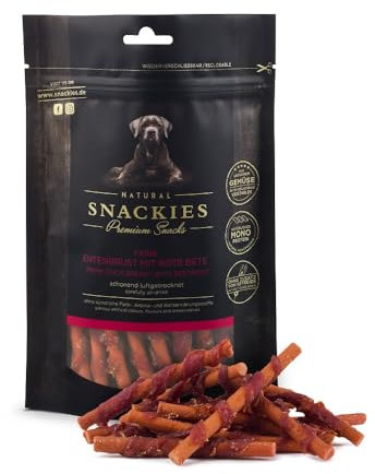SNACKIES 16er-Pack (à 170g) Premium Snacks für Hunde, Feine Entenbrust mit roter Beete ohne Zusatz von Getreide, Zucker, Farb-, Aroma- und Konservierungsstoffe, schonend luftgetrocknete Leckerli