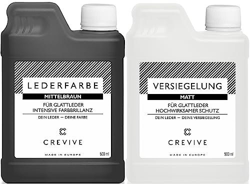 CREVIVE Lederfarbe Mittelbraun 500 ml & Leder Versiegelung Matt 500 ml – für Echtleder zum färben und umfärben - zum Schutz und zur Fixierung von Leder Farbe - Lederfarbe Sofa - Lederfarbe Auto