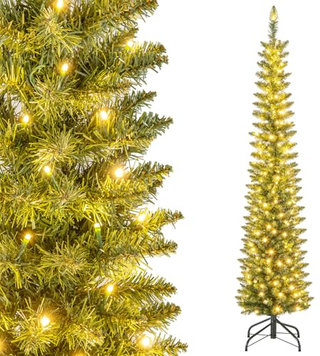 GYMAX Sapin de Noël 180 cm Lumineux Artificiel, en Forme de Crayon, Corps en Sections, avec 390 Branches, 180 Lumières LED Blanc Chaud, Décoration pour Maison, Magasin, Bureau