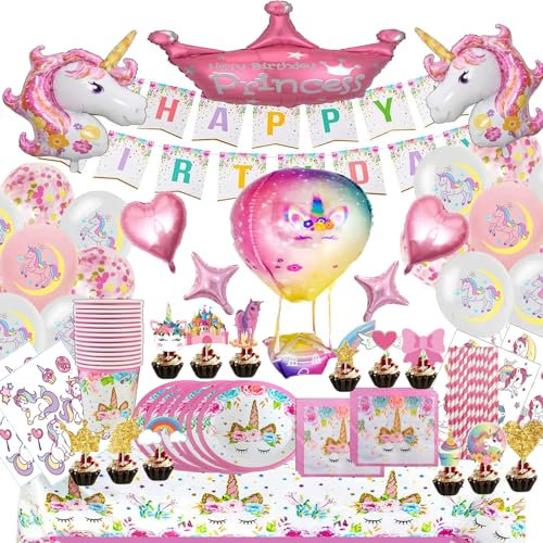 Anniversaire Licorn Decoration Fille (16 Invités), 96 Pièces Assiette Licorne Anniversaire Fille, Kit Anniversaire Licorne, Licorn Ballon Assiettes Gobelets Serviettes Nappe