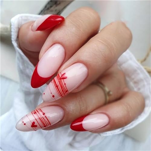Lines and Heart Lot de 24 faux ongles courts en forme d'amande Rouge French Tips Décoration d'ongles pour femmes et filles