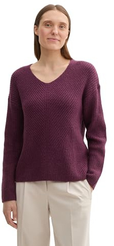 TOM TAILOR Damen RIPP Strickpullover mit V-Ausschnitt, 35898 - Black Berry Melange, XXL