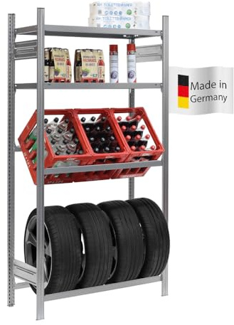 PROREGAL Getränkekisten- & Reifenregal CHIEMSEE TIRE Made in Germany | HxBxT 200x106x43,5cm | 3 Kisten + 4 Reifen & 2 Boards | Verzinkt | Getränkekastenregal Reifenständer Garagenregal Kellerregal