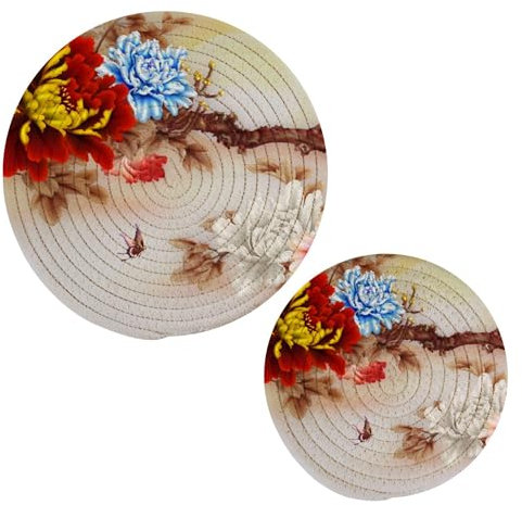 Chinese Style Red Flowers Trivets Hot Dishes Heat Resistant Potholder 2Pcs Round Counter Heat Protector Mat for Kitchen Accessories Kitchen Decor