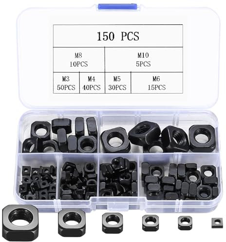 Set di 150 Dadi Quadrati in Acciaio Al Carbonio - Filettati, per Inserimento in Mobili in Legno - M3 M4 M5 M6 M8 M10 (Nero)