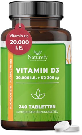 Vitamin D3 K2 Hochdosiert 20.000 – 240 Tabletten – VitaminD 20.000 IE – Vitamin D3 K2 Tabletten – Vitamine D3 + K2 Hochdosiert