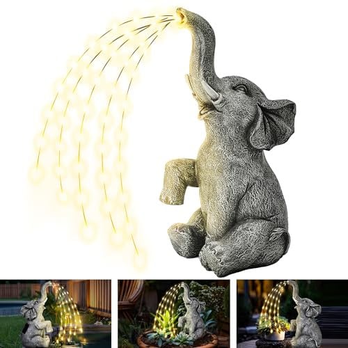GIGALUMI Verbesserte Elefantenstatue, Gartendekoration, echte Bewässerung, Elefantenfigur, solarbetriebene LED-Lichter, Geschenke für Mutter, Geburtstagsgeschenke für Frauen, Elefantendekoration für