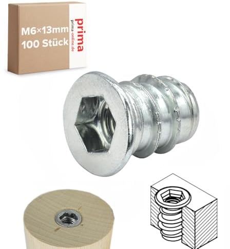 Einschraubmutter M6 x 13 mm – Einschraubmuffen/Eindrehmuffen aus verzinktem Stahl – Innengewinde für Holzbau & Möbelbau (100 Stück)