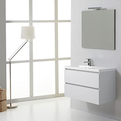 Kiamami Valentina Mobile bagno sospeso 90cm 2 cassetti bianco foresta, lavabo a sinistra, specchio 90x70 | Manhattan