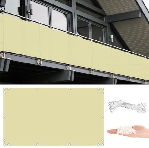 AYLFBFU Bâche de Balcon Brise-Vue 0.9 x 5m, 165g/m² avec Protection UV 96%, Protéger Les Écran d'intimité avec Œillets, Cordons pour Terrasse Jardin Balcon Patio, Jaune Clair