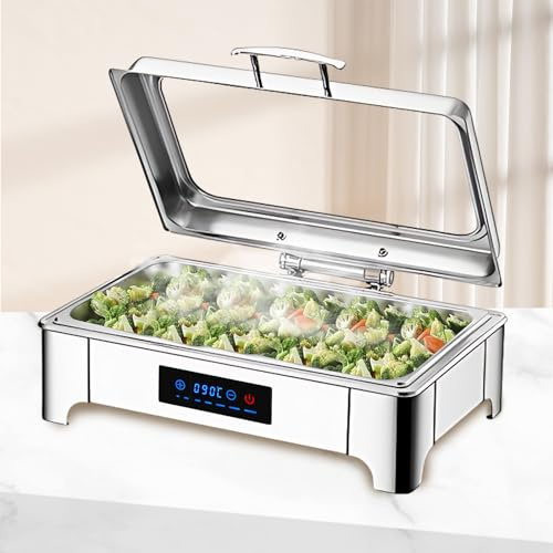 BOVDC Chafing Dish Elektrisch, 9L Edelstahl Speisewärmer Buffetwärmer Einstellbare Temperatur, Warmhaltebehälter Essen Elektrisch mit Sichtbarem Glasdeckel(Smart-Panel-Temperaturanpassung, Full Pan)