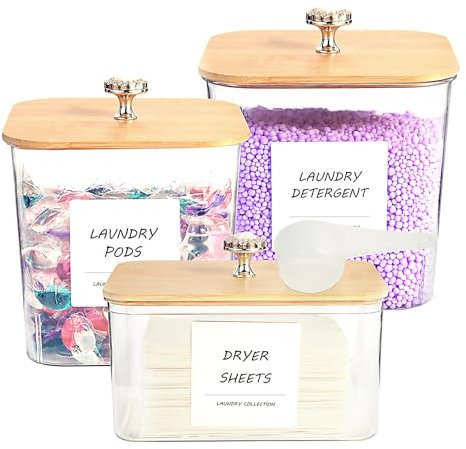 3 Pack Laundry Room Organization Storage Containers, Plastic Clear Laundry Pods Container & Dryer Sheet Holder Jars with Lids, Scoops & Labels for Detergent, Powder, Dryer Balls, Beads
