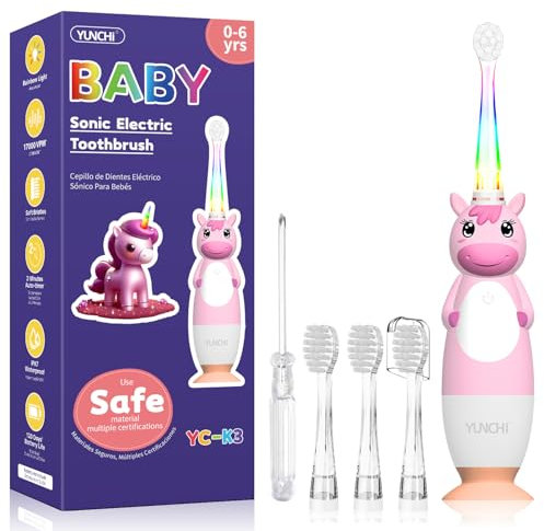 YUNCHI K3 Elektrische Zahnbürste Kinder ab 0-6 Jahre Baby mit buntem LED Licht Smart Timer Kinderzahnbürste Elektrisch Kleinkind Schallzahnbürste mit 4 Weiche Bürstenköpfe (Rosa Einhorn)